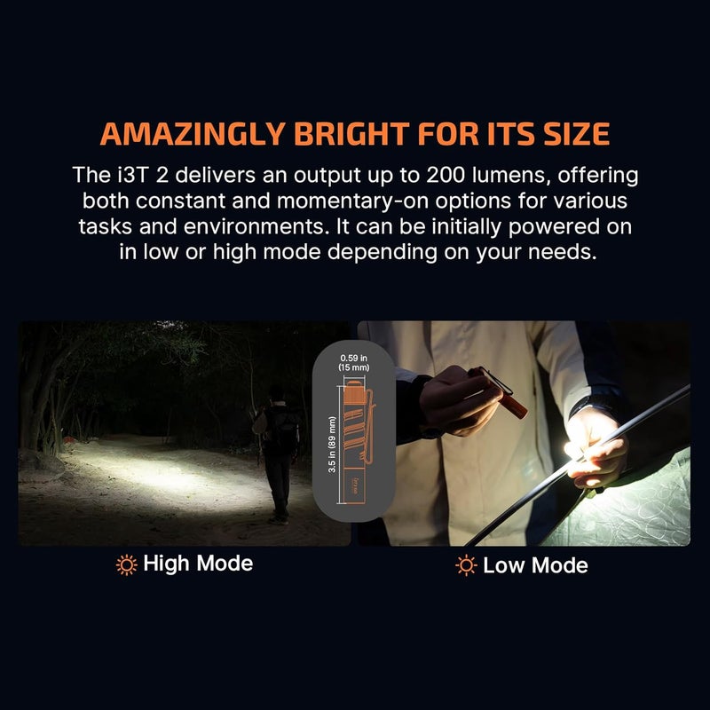 OLIGHT I3T 2 EOS Pocket EDC Flashlight, 200 Lumens Compact Bright Handheld Flash Lights, Dual-Output Tail Switch with AAA Battery and Two-Way Pocket Clip for Camping and Hiking (Orange) - Image 3